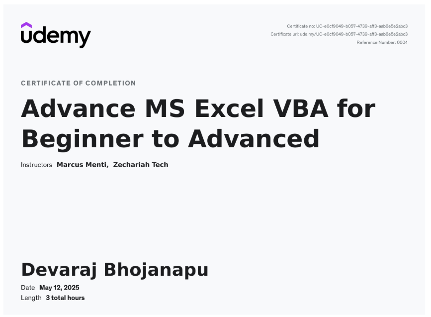 Advance MS Excel VBA for Beginner to Advanced Certificate